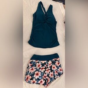 NWT Teal Tankini with Floral Swim Shorts Set